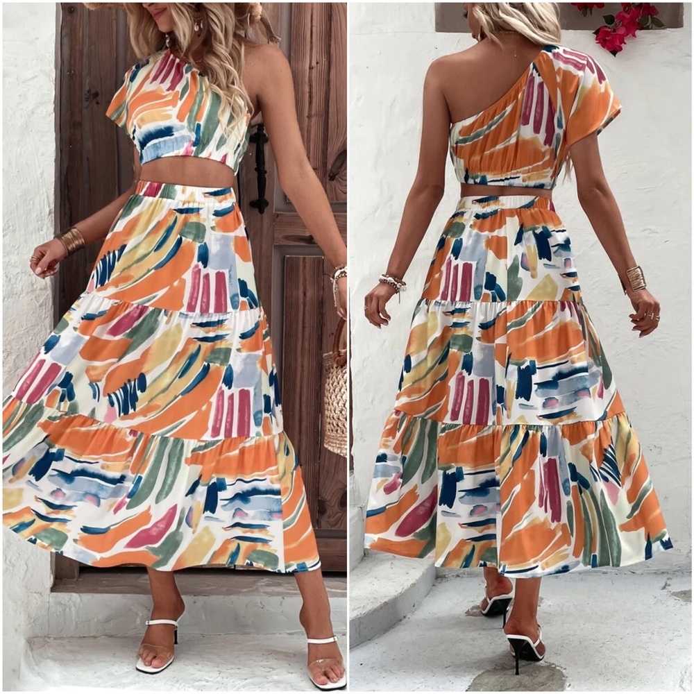 Boho Brush Strokes Printed One Shoulder Crop top Maxi Skirt - Picture 2 of 3